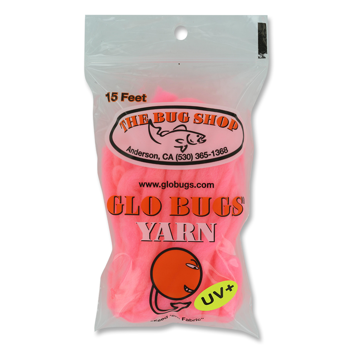 A clear plastic bag of pink gloved yarn from The Bug Shop, featuring a white and orange logo with a fish graphic and a green UV+ sticker on the front.